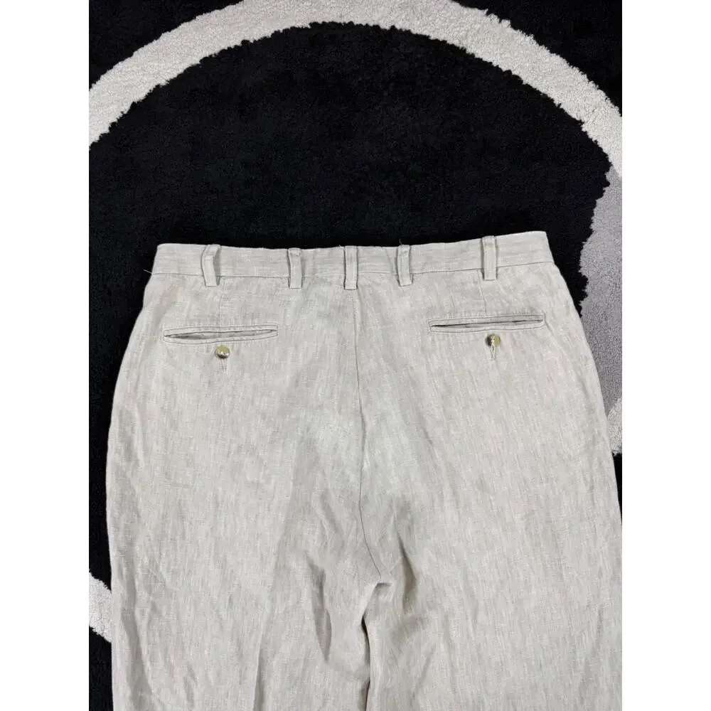 Jos A Bank Pants Mens 38x32 Linen Cream Casual Beach Trousers Cuffed Pleated